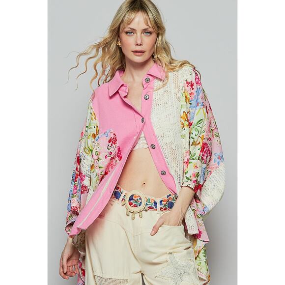 POL Thermal and Crochet Lace Mix Shirt with Floral Pattern - Picture 1 of 3